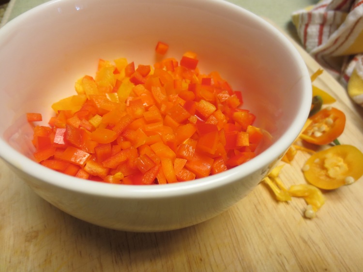 finely diced miniature sweet bell peppers (i had red, orange, and yellow ones on hand)